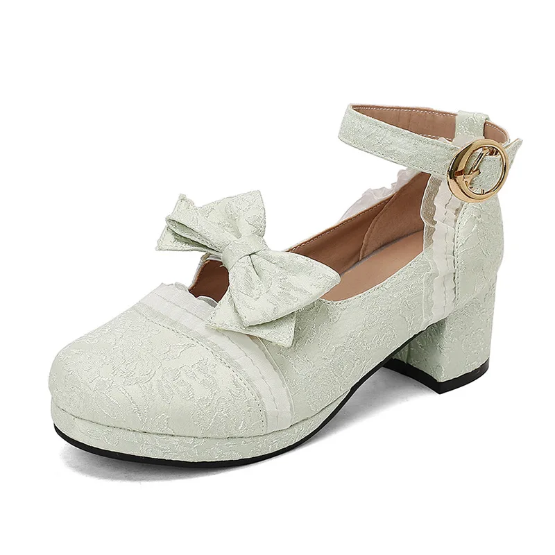 Women Mid Heel Chinese Style Print Ruffle Bow Decor Pumps Elegant Hanfu Matching Dress Shoes