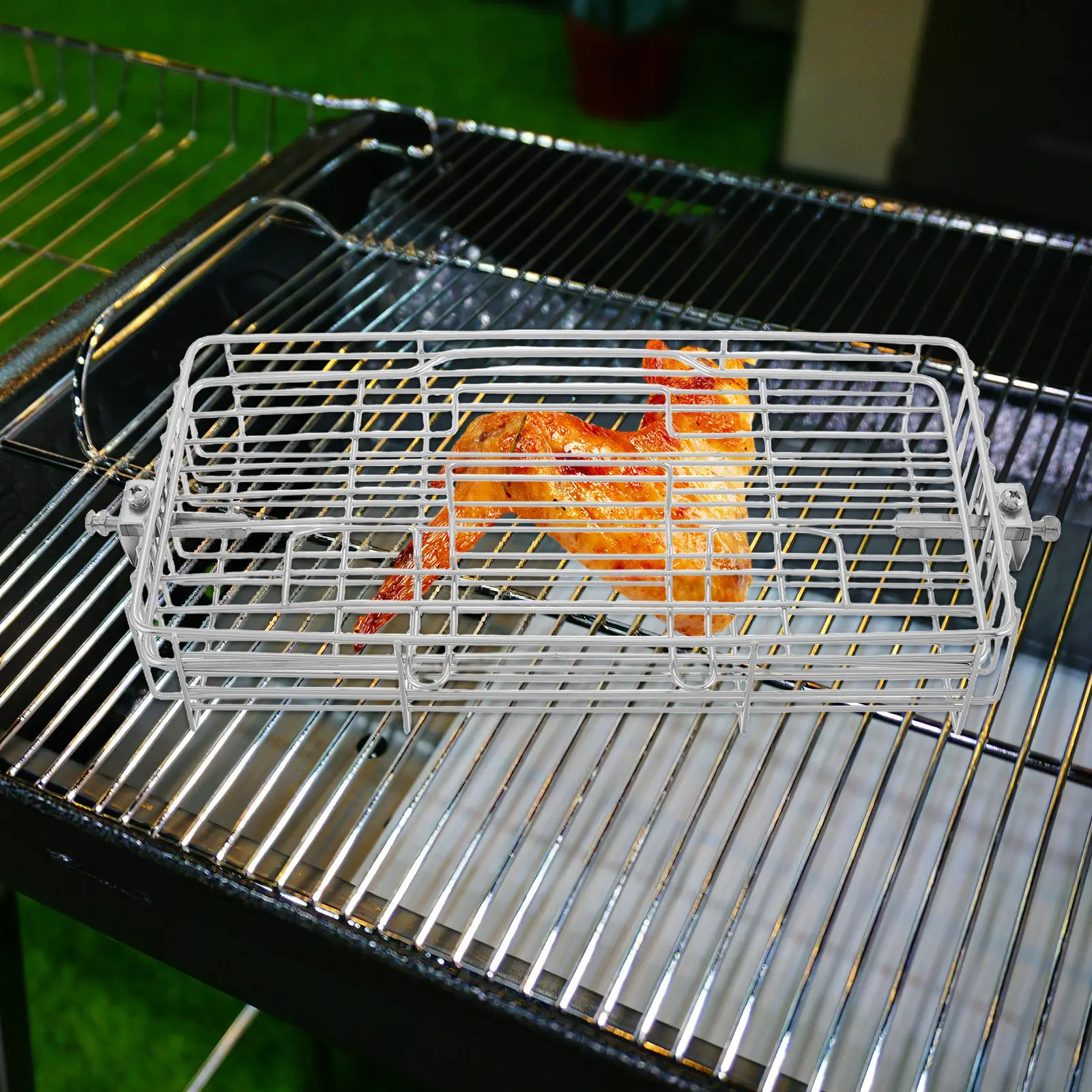 Rotating Adjustable Fish Grilling Rack Extendable Rotisserie Grill Cage for Chicken Wings Lamb Meat Outdoor Barbecue Cooking