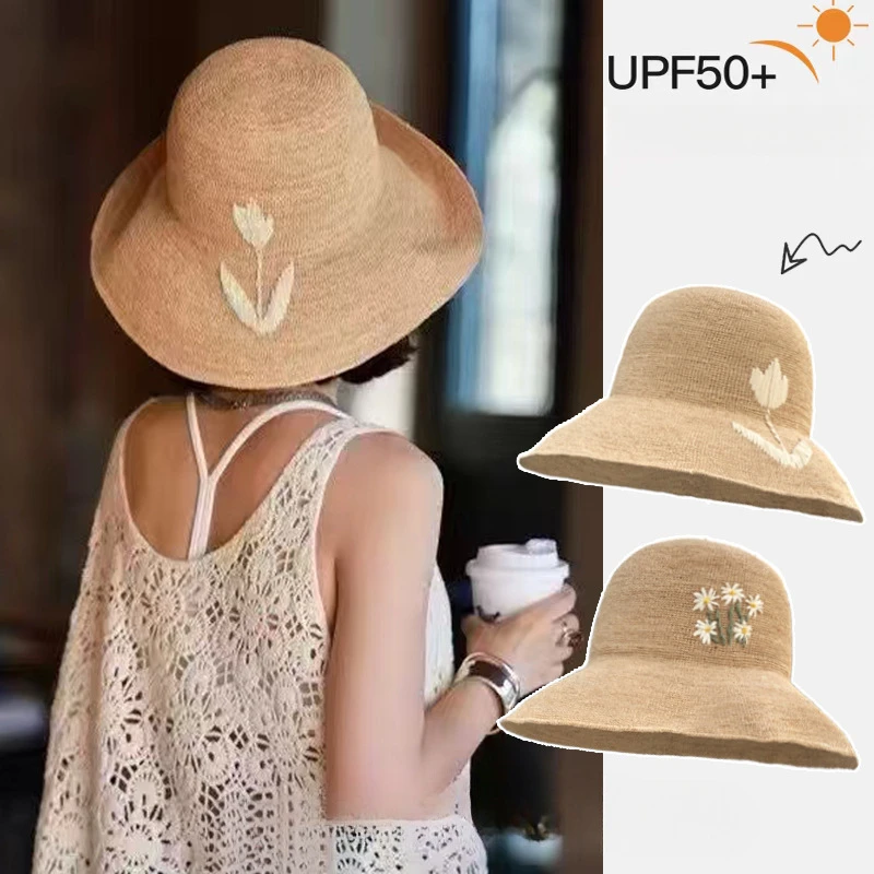 

Women's Raffia Sun Hat Spring/Summer Casual Breathable Hand-Woven 56-60cm Embroidered Pattern round Top Foldable Hat