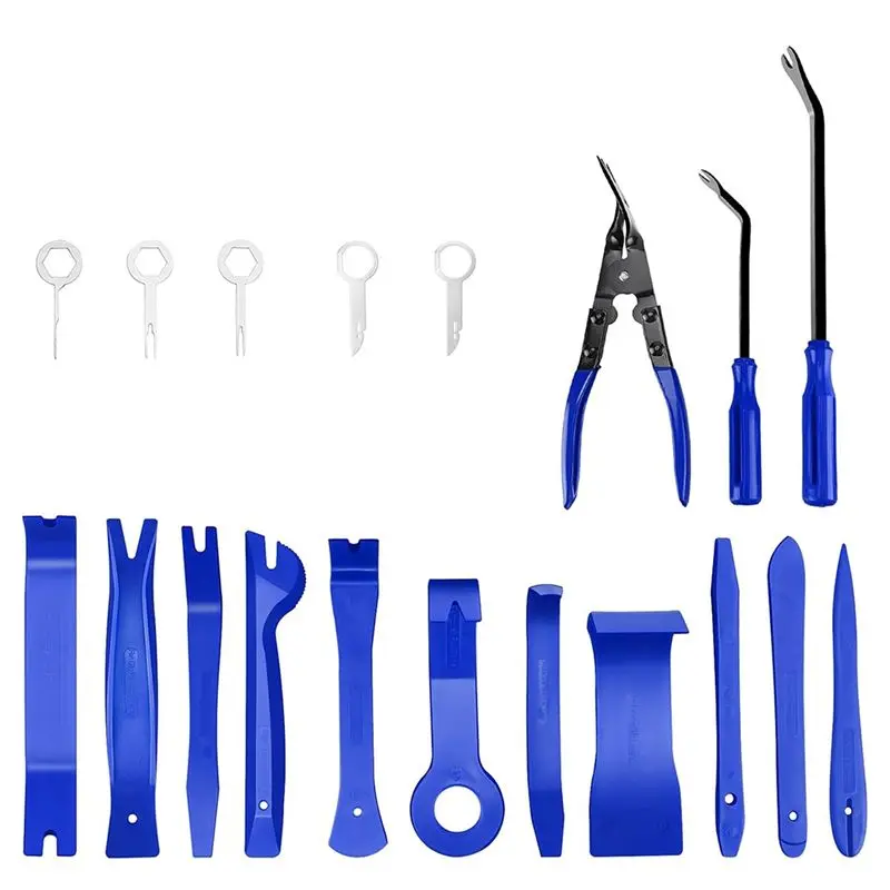 ABUI-Fastener Terminal Remover Set Auto Clip Pliers 19 Pcs Trim Removal Tool Plastic Pry Tool Kit For Car Panel/Dash Blue