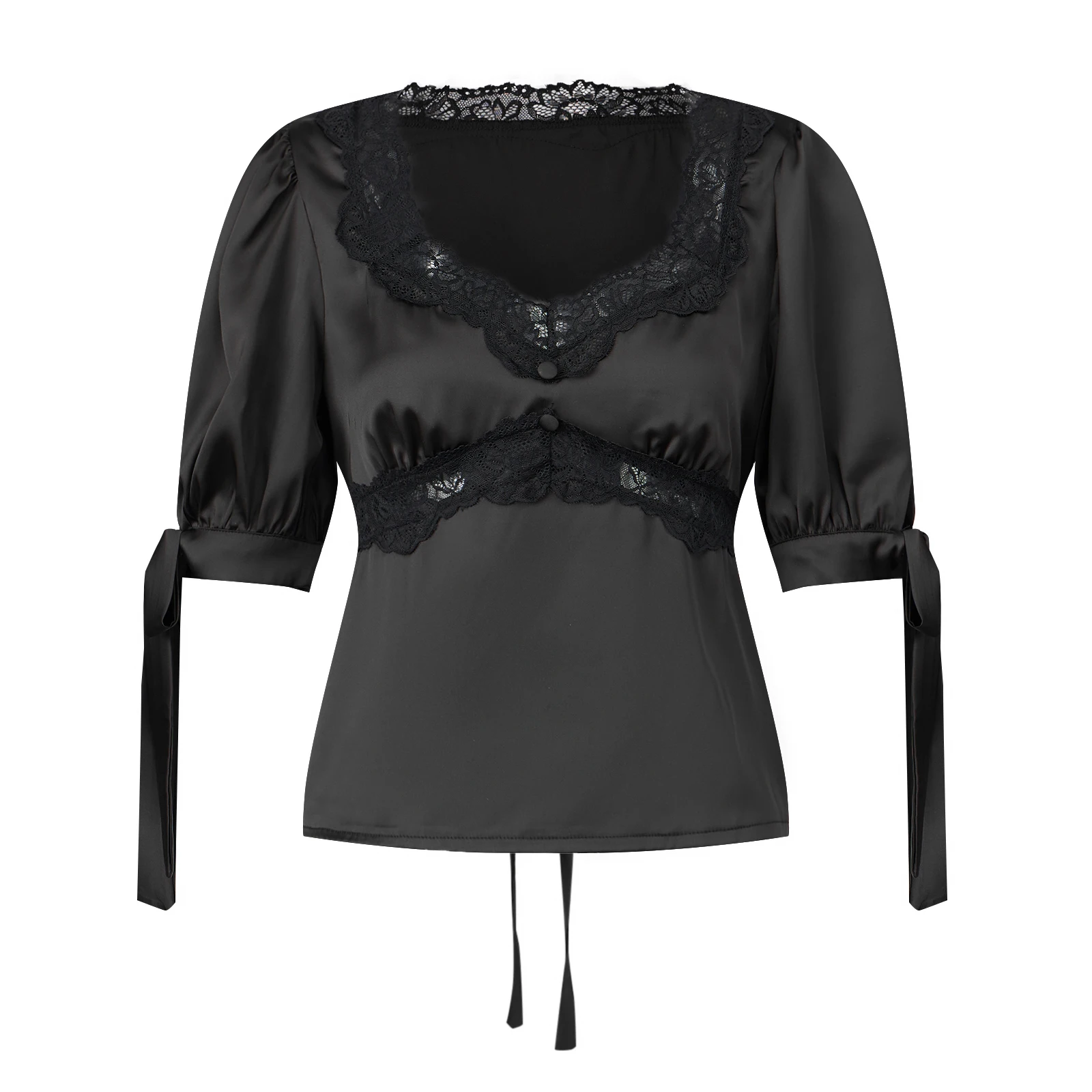 

Женские летние атласные топы, кружевная лоскутная блузка с короткими пышными рукавами и v-образным вырезом и регулируемыми завязками на ленте
