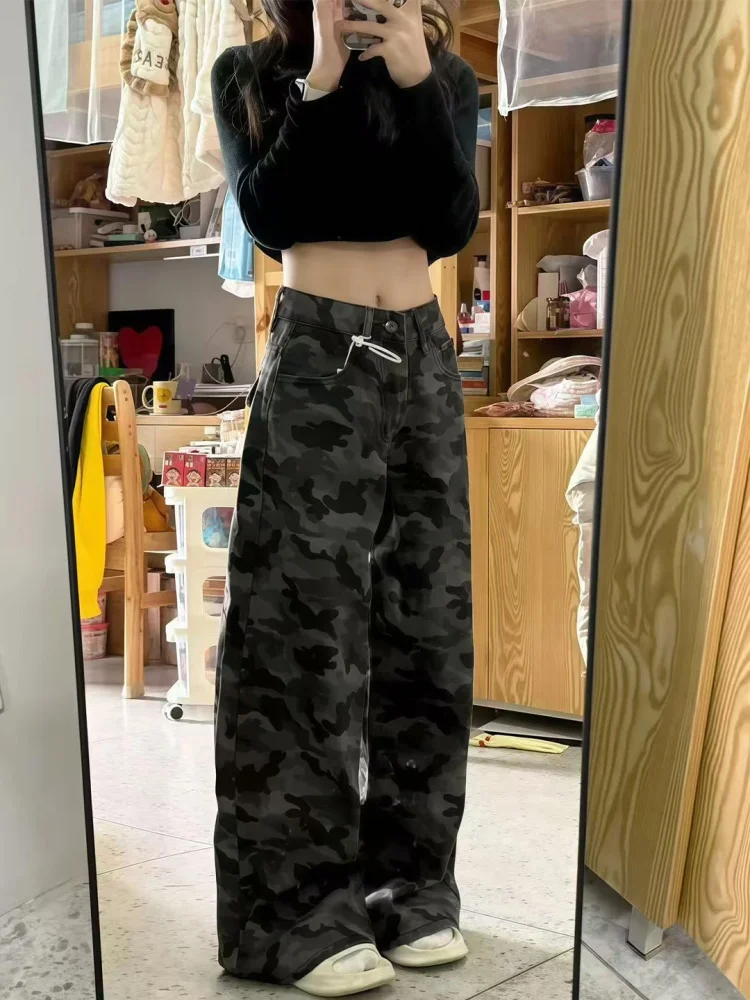 plus Size American Sle Fce Lined Thiened Camouflage Denim Pants Women's Autumn Winter High Waist Loose Straight Workwe...