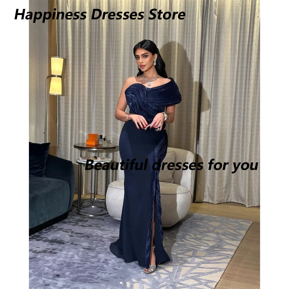 

Navy Long Prom Dress One Shoulder Pleat Ruched Jersey Evening Gowns Slit Mermaid Floor Length Formal Party Dresses Customized