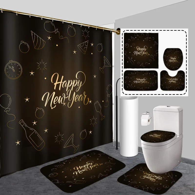 Happy New Year 4pcs Shower Curtain Set with Hooks - Waterproof, Non-Slip Bathroom Decor Including Rug, U-Shape Mat & Toilet Lid