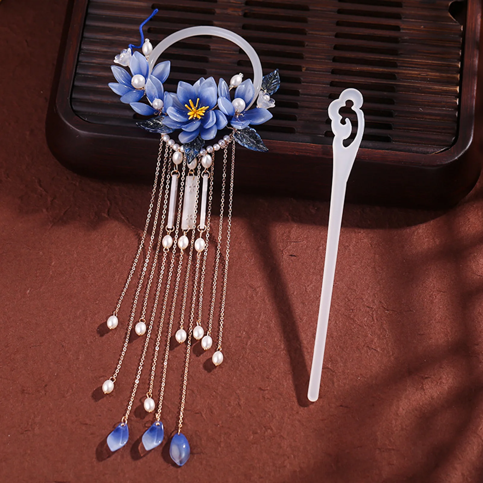 กิ๊บติดผมแก้วเคลือบวินเทจ แหวนผม พู่ดอกไม้ อุปกรณ์จัดแต่งทรงผม พร้อมแหวนผมสำหรับชุดปาร์ตี้ จับคู่เสื้อผ้า