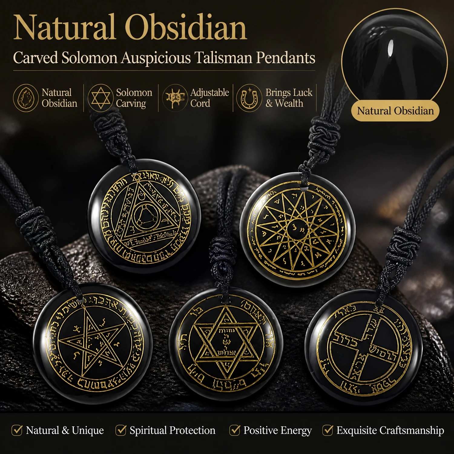 Natural Obsidian Carved Solomon Auspicious Talisman Pendants Lucky Bringing Wealth Love Religious Spirit Belief Jewelry Necklace