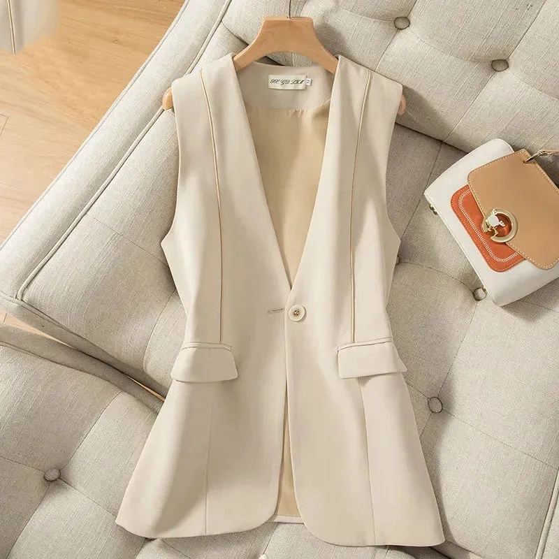 Lining Suit Vests Waistcoat Female Beige Black Sleeveless Jacket 2025 New Spring Summer Casual Women's Vest Coat  Korean Tops