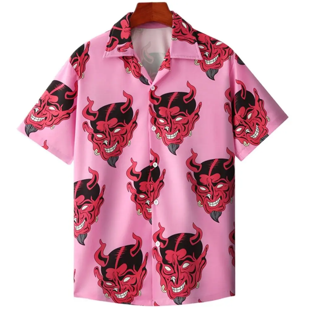 Camisa Vintage con estampado de diablo para hombre, camisa holgada de manga corta con un solo pecho, patrón de Anime, Top de playa