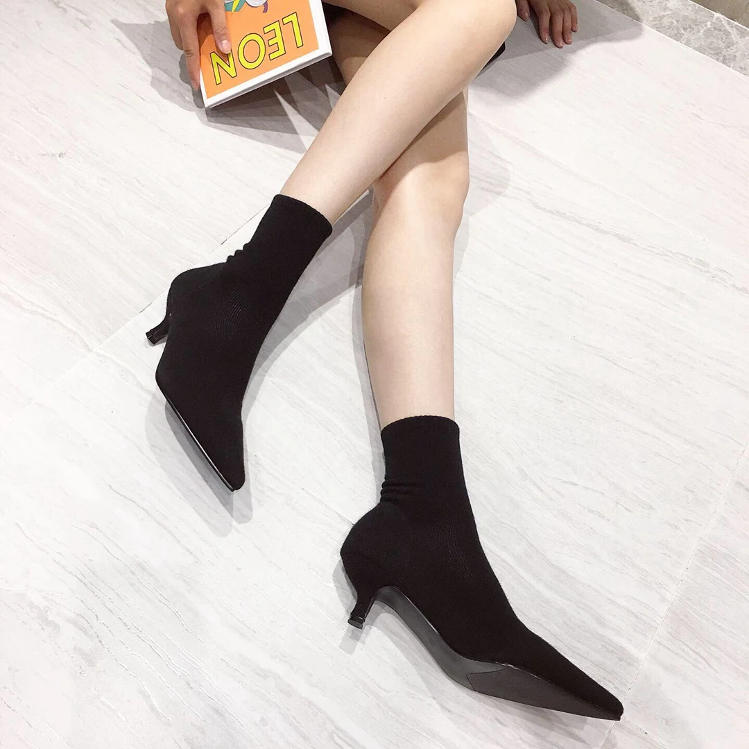 AIYKAZYSDL 2024 Autumn Kitten Low Heel Ankle Boots Women Pointed Toe Slouchy Stretch Short Bootie OL Shoes Gray Sock Boots