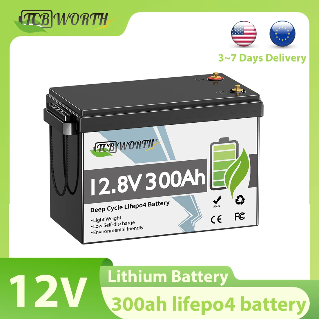 

TCBWORTH 12V 300Ah LiFePO4 Lithium Battery,7000+ Deep Cycles,Built-in 200A Smart BMS,for Off-Grid, RV,Solar Power,Home Backup