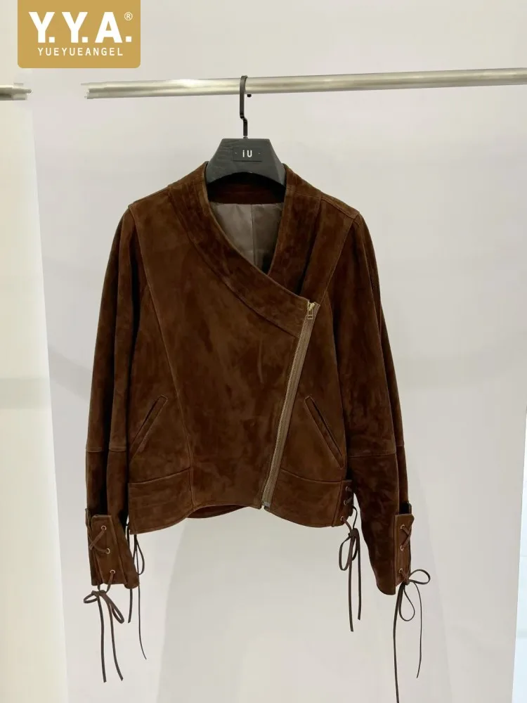 

Высококачественная женская куртка из овчины и замши с асимметричной молнией, V-образным вырезом, в мотоциклетном стиле, с ремешками из натуральной кожи, короткое пальто