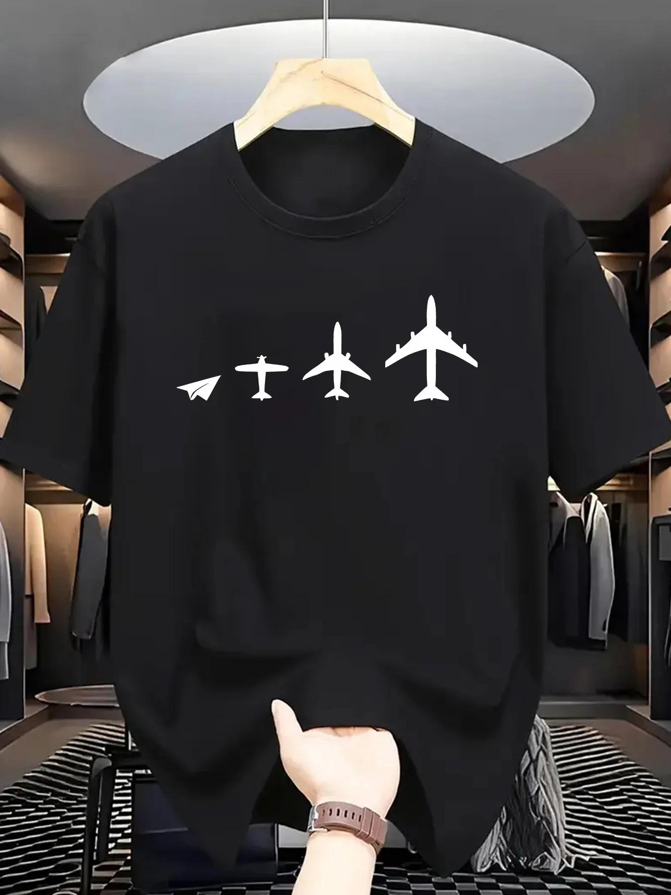 Plane Evolution Print Men Short Sleeve Tshirt Paper Plane Aircraft Silhouette O Neck Tee Aviation Theme Male Street Fashion Tops