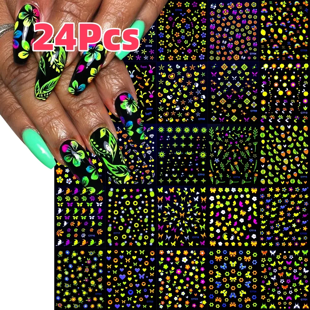 24Pcs 3D Fluorescent Flower/Butterfly Nail Stickers Glow in the Dark Adhesive Decals Neon Floral Sticker for Party Nails Decor *