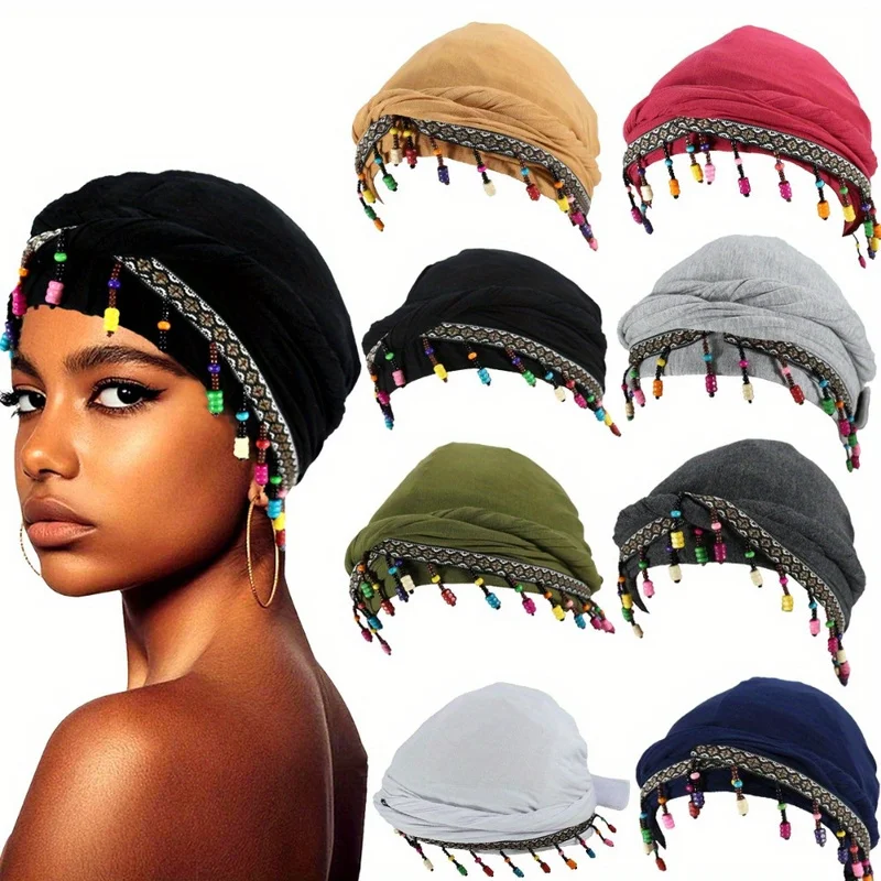 Women Fashion Beaded Headband Hat with Double Layer Satin Lining Twisted Tail Convenient Sting Sticker Adjustable Pullover Hat