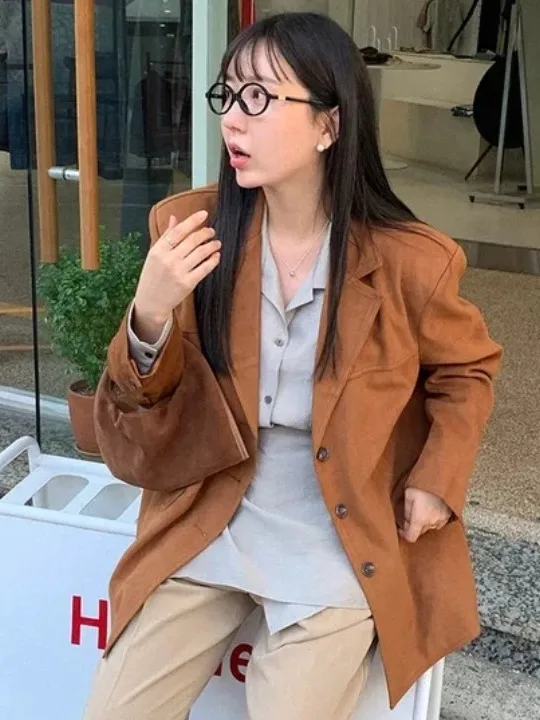 

Chic Autumnal Vintage Suede-Like Long Sve Loose Women's Jaet Single Button Notched Lapel Faionable Versatile Outerwear
