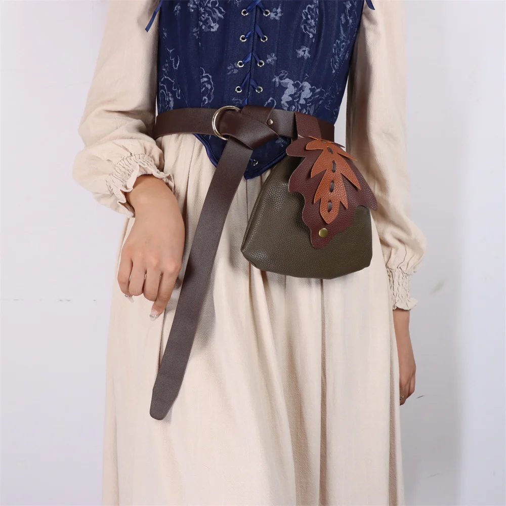 UYEE Medieval Belt Elf Leaf Waist Bag Renaissance Belt Cosplay Copper Coin Waist Bag  Skirt Buckle Prop Leather Belt Halloween