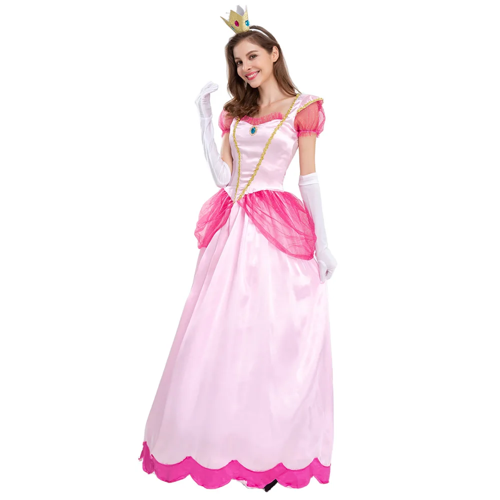Princesa Rosa Cosplay Dress para Senhoras, Roupas de Palco, Chapelaria e Luvas, Vestidos de Halloween e Performance, Frete Grátis