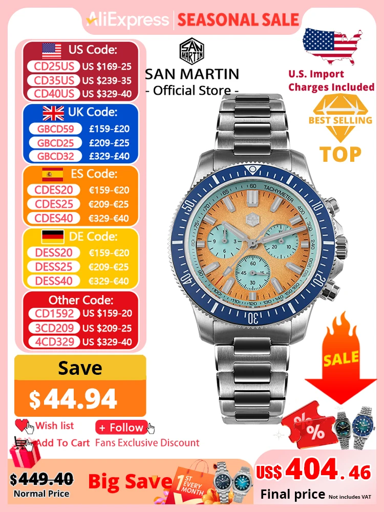 

San Martin 40mm Diver Chronograph Watch Peacock SL-4801 Automatic Movement Luxury Men Mechanical Wristwatch Waterproof SN0118