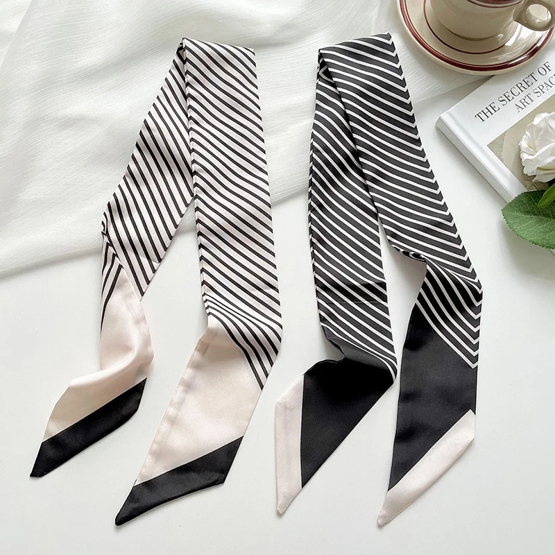 Fashion Skinny Silk Scarf for Women Stripe Hair Ribbons Headbands Bandana Female Bag Wrist Wrap Neckerchief Foulard Neck Ties