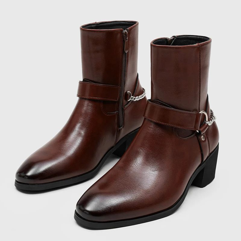 New Men High-heeled Chelsea Boots Black Brown Side Zipper Brand Trendy Ankle Boots Outdoor Social Boots Sizes 38-46 Men Boots