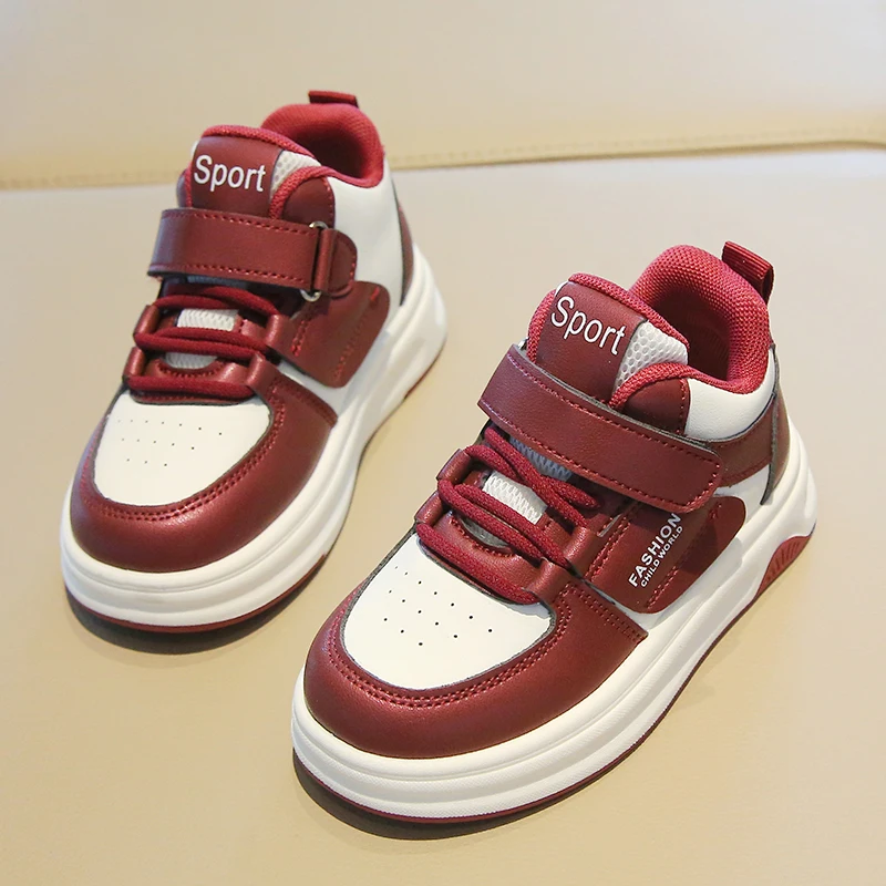 Comfy Kids Zapatillas altas de piel de microfibra con bloques de color burdeos para niños y niñas, con suela suave de velcro, antideslizantes, ligeras, para primavera y otoño, adecuadas para niños mayores, estudiantes, uso diario escolar, salidas, versátiles, zapatos casuales cómodos