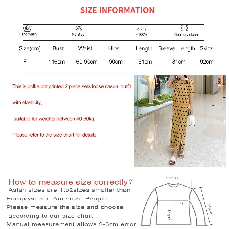 EVNISI Women Polka Dot Printed 2 Piece Office Short Sleeve Set Knit Top and Split Skirts Set Street Women Outfits Casual Suit