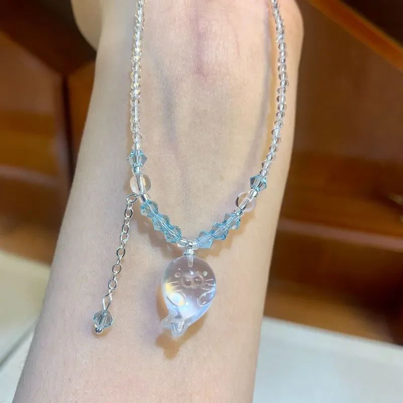 White Crystal Necklace Little Sea Lion High Transparent Girl Pendant Necklace Blue Holiday Sweet Fashion Matching Necklace