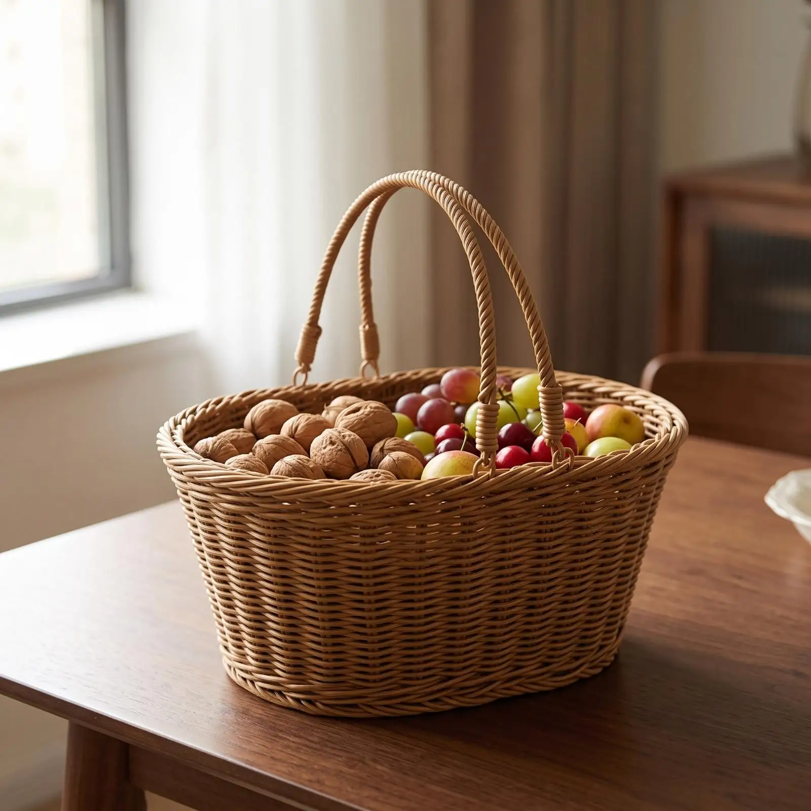 Brown Wicker Look Industrial Basket with Handles for Versatile Home Organization and Portable Carrying Tasks