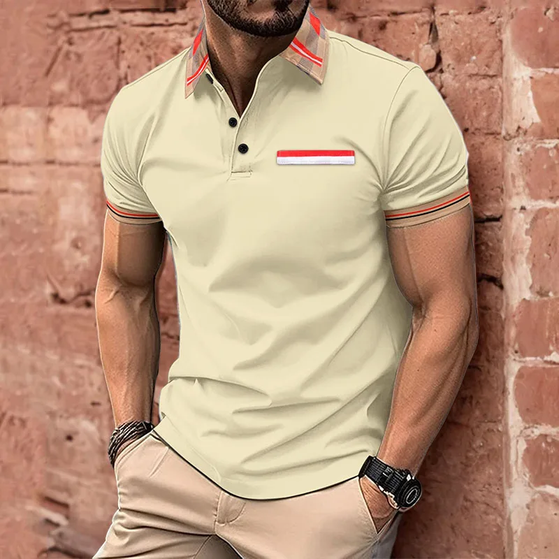 2024 new summer Polo T-shirt Men\'s casual lapel button-down shirt fashion contrast striped collar with short sleeve top