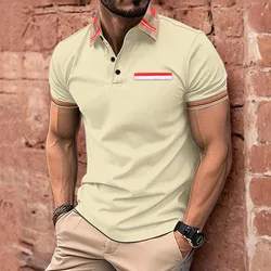 2024 new summer Polo T-shirt Men's casual lapel button-down shirt fashion contrast striped collar with short sleeve top