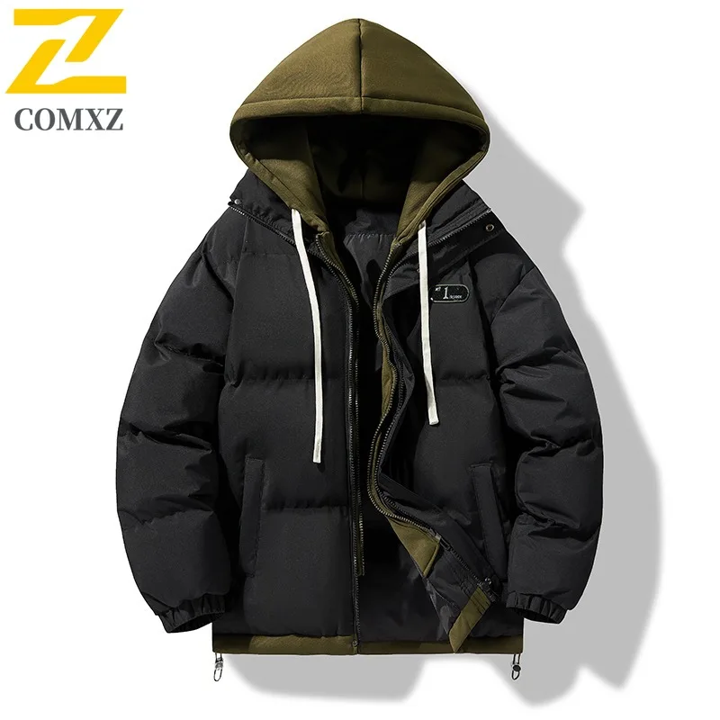COMXZ 2025 رجل النمط الأمريكي وهمية قطعتين سترة قطن الشتاء الكورية الدافئة مقنعين سترة معطف للأولاد في سن المراهقة الشباب ملابس خارجية