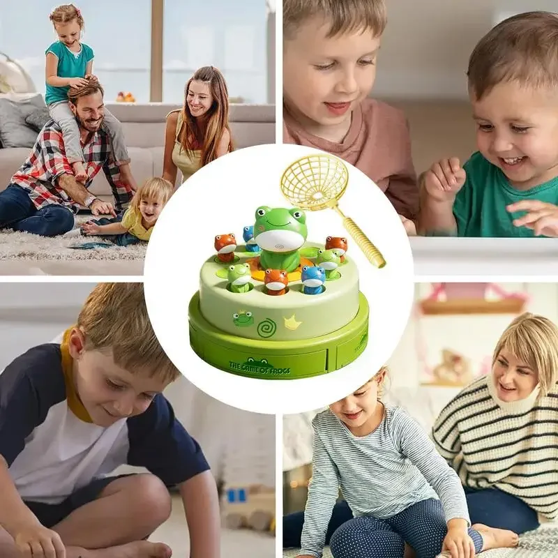 Jumping Frog Toy Children Bouncing Frog Cartoon Net Fishing Ejection Little Frog Turntable Focus Training Interactive Sound Toy