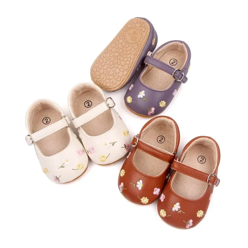 Meckior Newborn Baby Girl PU Leather Shoes Flower Princess Party Embroidered Anti Slip Rubber Sole Toddler Girls Shoes