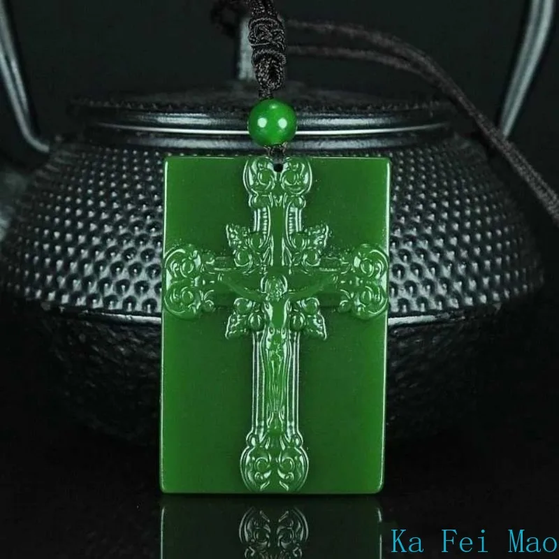 

Natural Green Handmade Carved Cross Jade Pendant Fashionable Jewelry Men's and Women's Jesus Necklace