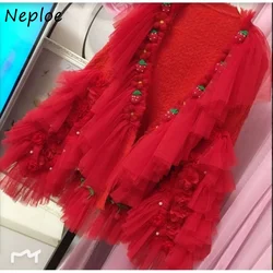 Neploe-女性用ヴィンテージセータージャケット,Vネック,ビーズ,レース,パッチワーク,ステレオ,花柄,無地,長袖カーディガン