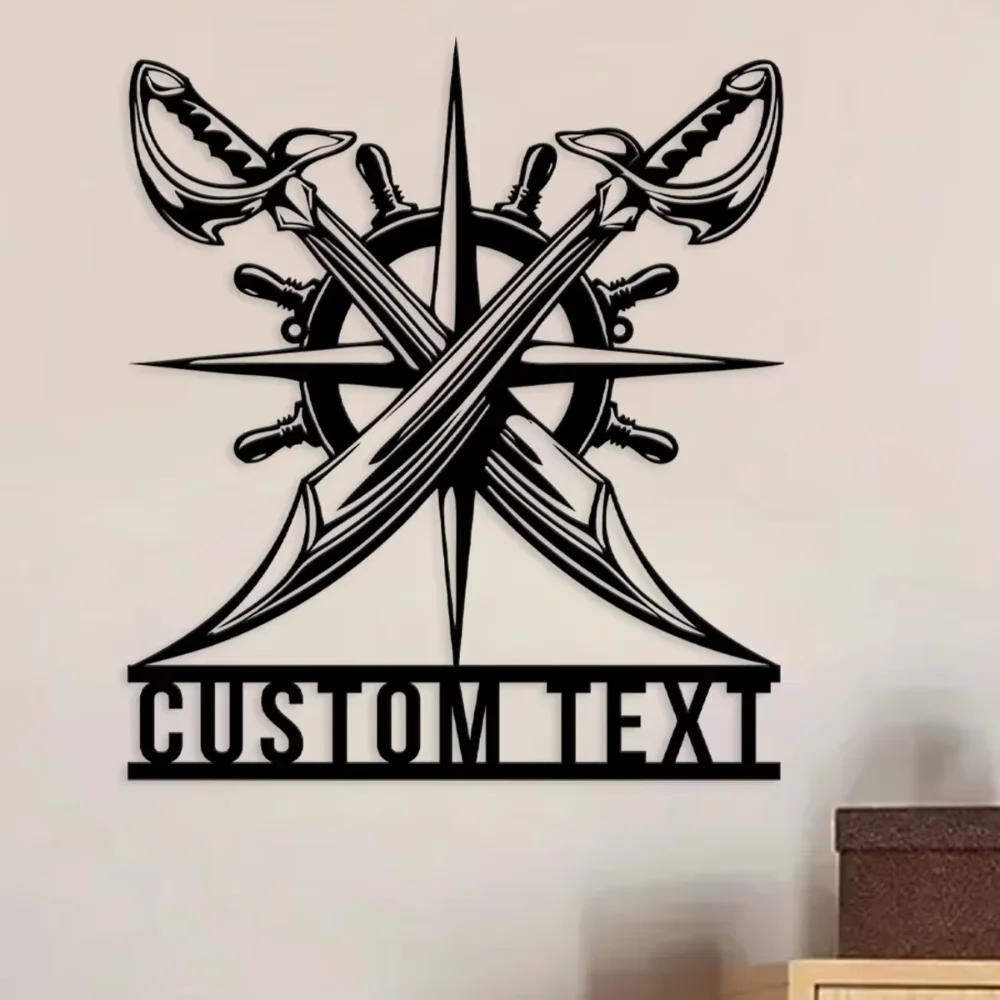 Volante pirata personalizado e espadas cruzadas, arte de parede de metal, nome de navio personalizado, decoração de quarto com tema pirata