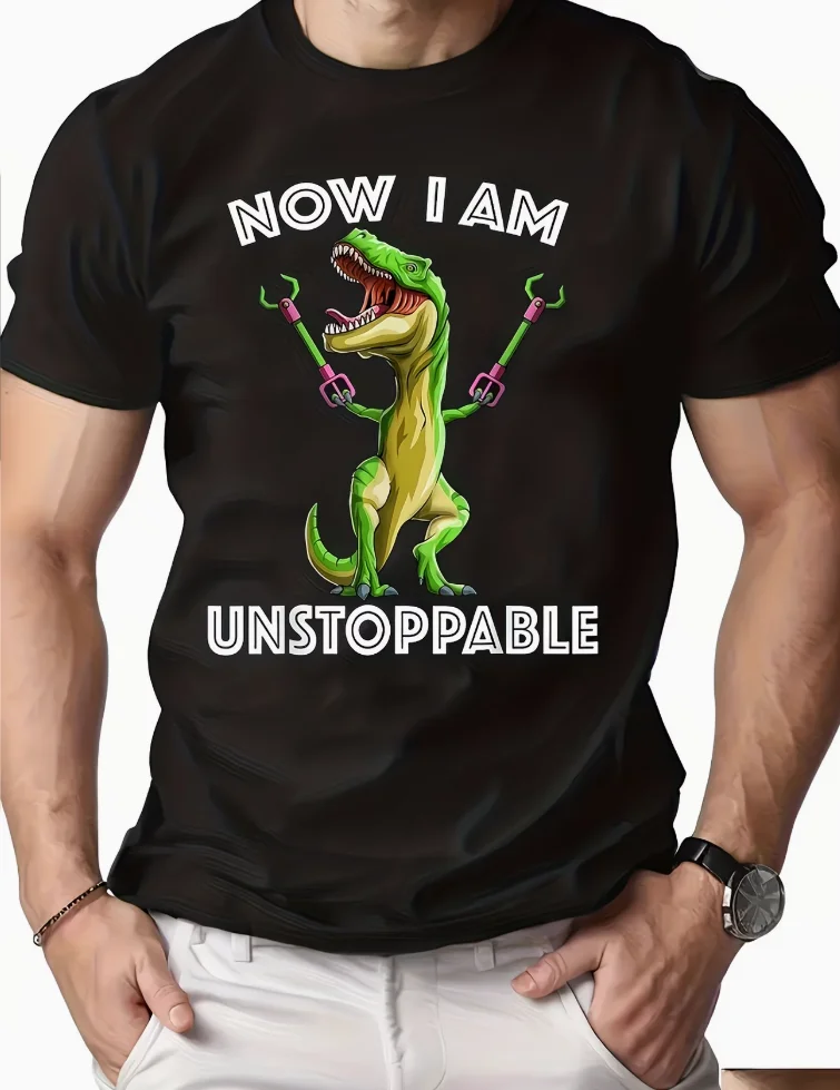 Summer Men'S Casual Black Short-Sleeved, Unstoppable Tyrannosaurus Rex Pattern Print T-Shirt