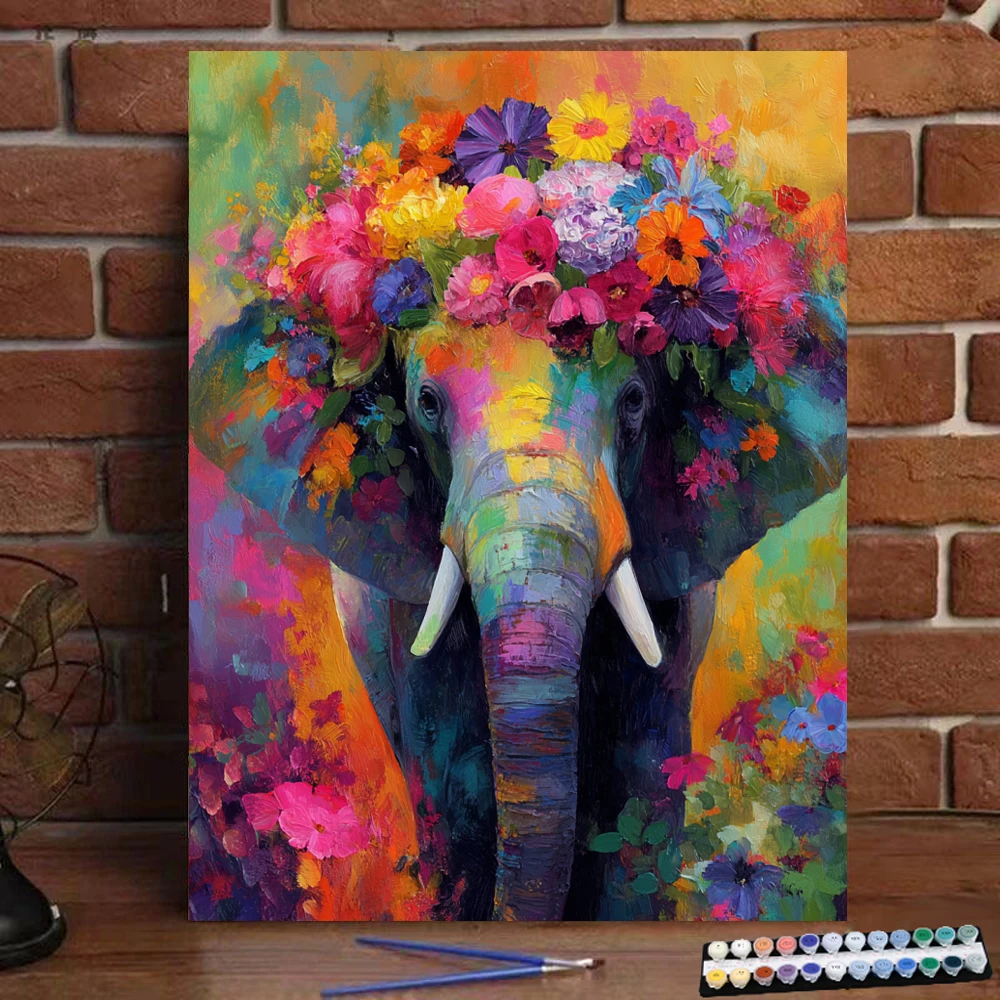 

Картина по номерам слон с цветами на голову, цифровая картина ручной работы для взрослых и детей, подарок, украшение на стену D