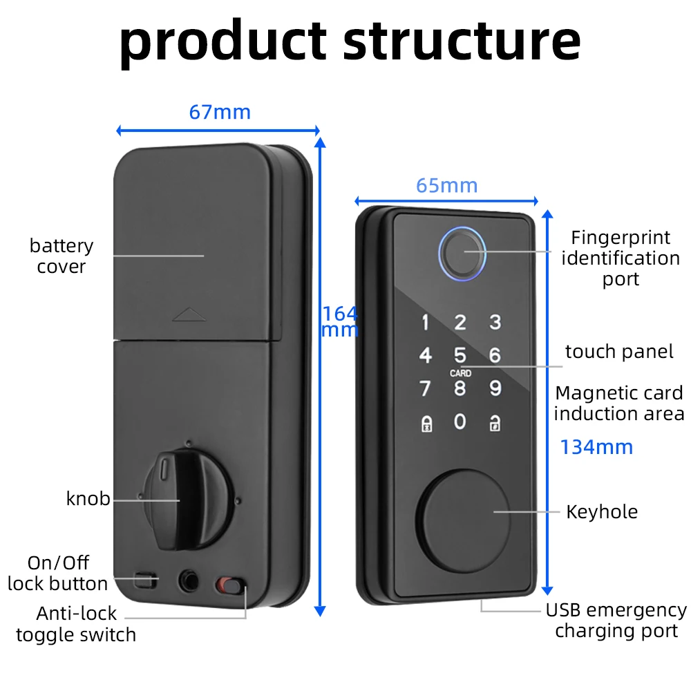 RAYKUBE DS01 BLE TT Lock Smart Fingerprint Deadbolt Lock with Latch/Door Sensor Auto Lock Key/Password/Card/ TT Lock APP Unlock