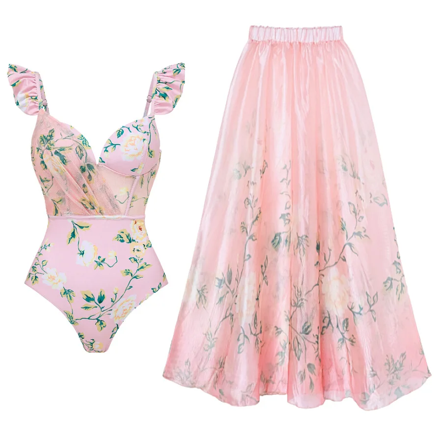 One Piece Swimsuit For Women European And American Swimwear Women's Mini Lotus Leaf Edge Sweet Pink Floral Beach Vacation One-pi