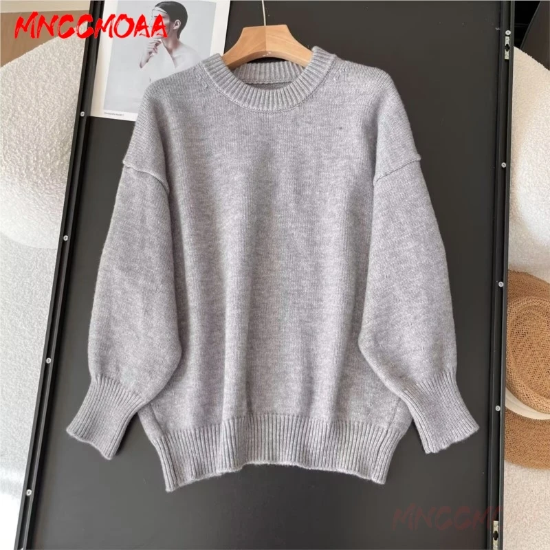 2024 Autumn Winter Woman Knit Sweater Fashion Loose Round Neck Female Long Sleeve Blue Knitted  Pullovers Tops