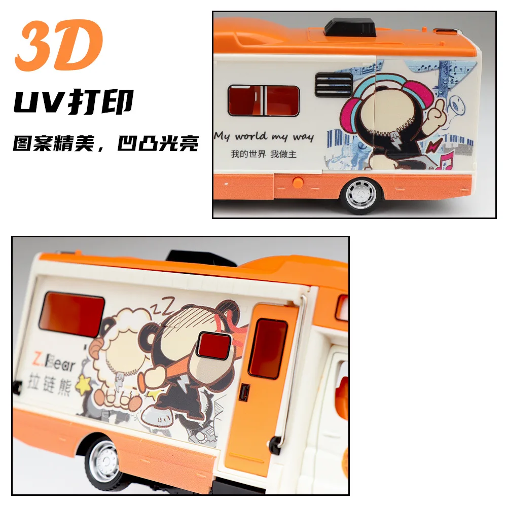1:32 Camping RV Alloy Diecast Car Model Miniature Toys Sound Light Doors Opened Pull Back Festival Gifts for Kids
