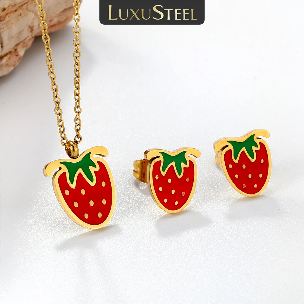 LUXUSTEEL Strawberry Pendants Necklace Earring Sets For Women Girl Drip Oil style Stainless Steel Chain Necklace Jewelry Gift