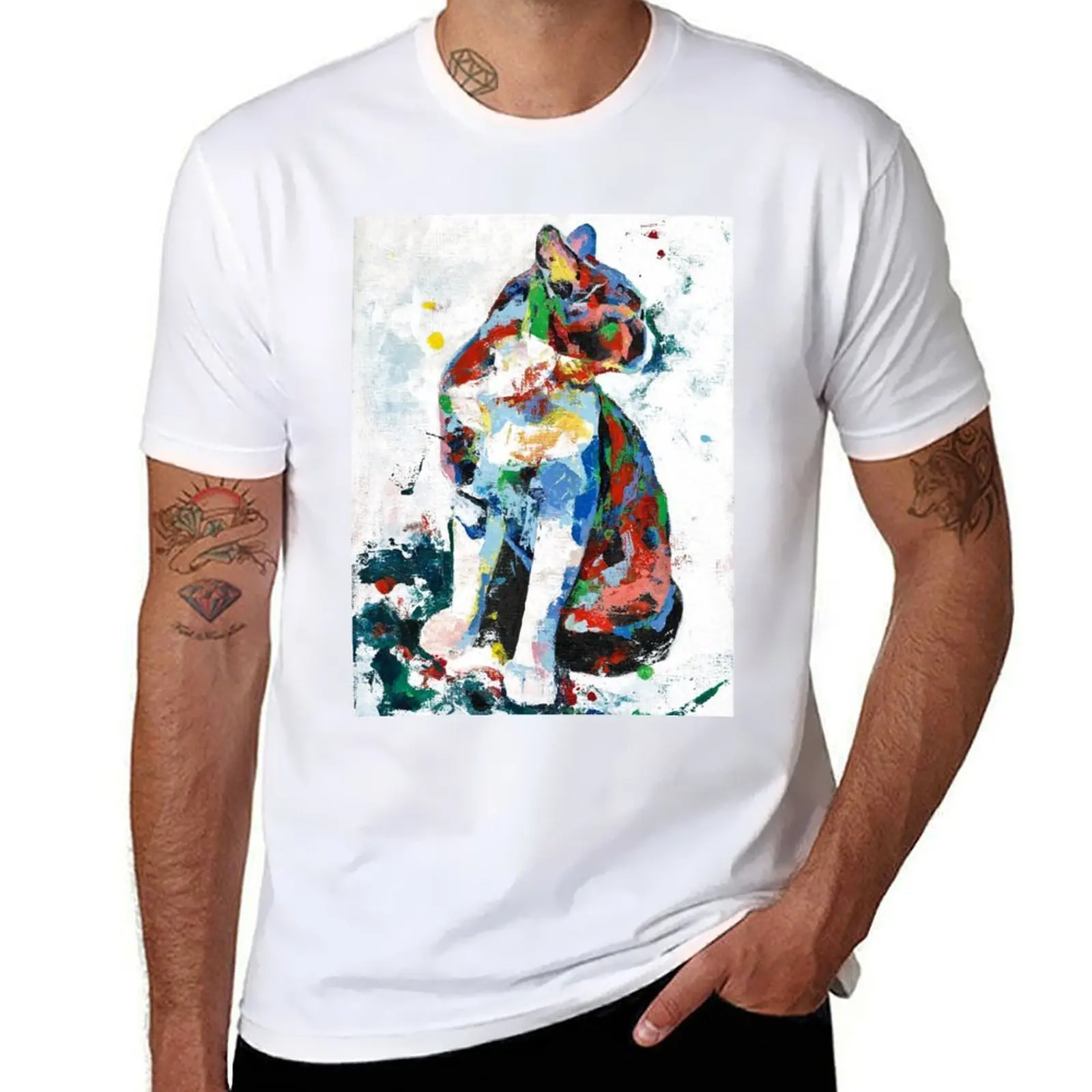 Regalar, camiseta con silueta multicolor de un gato, camiseta de lujo para hombre, camisetas para hombre