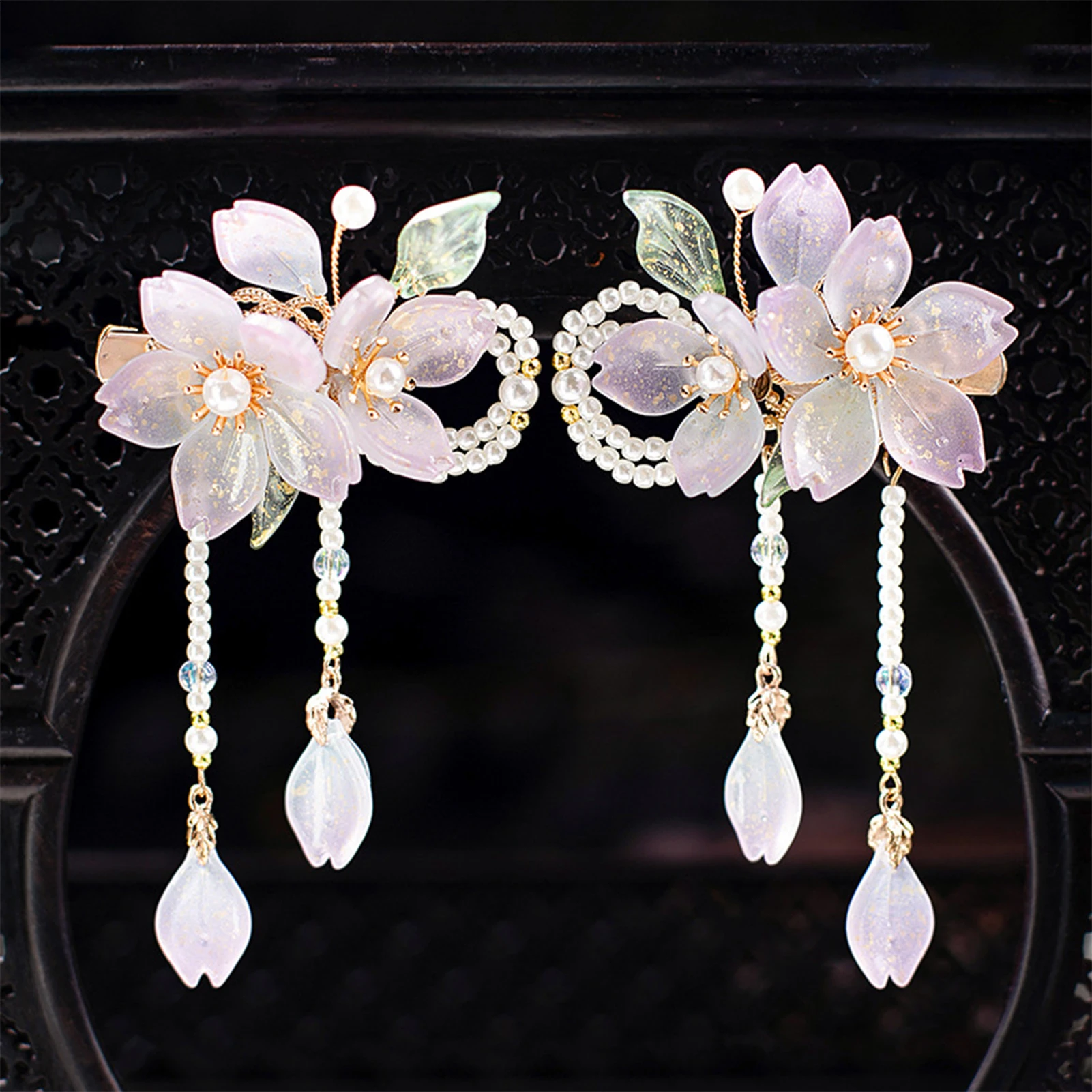 2pcs Chinese Hanfu Hair Accessories Hair Clips Red Flower Hairpin Tassel Pearl Headpiece Ancient Party Barrettes Head Jewelry