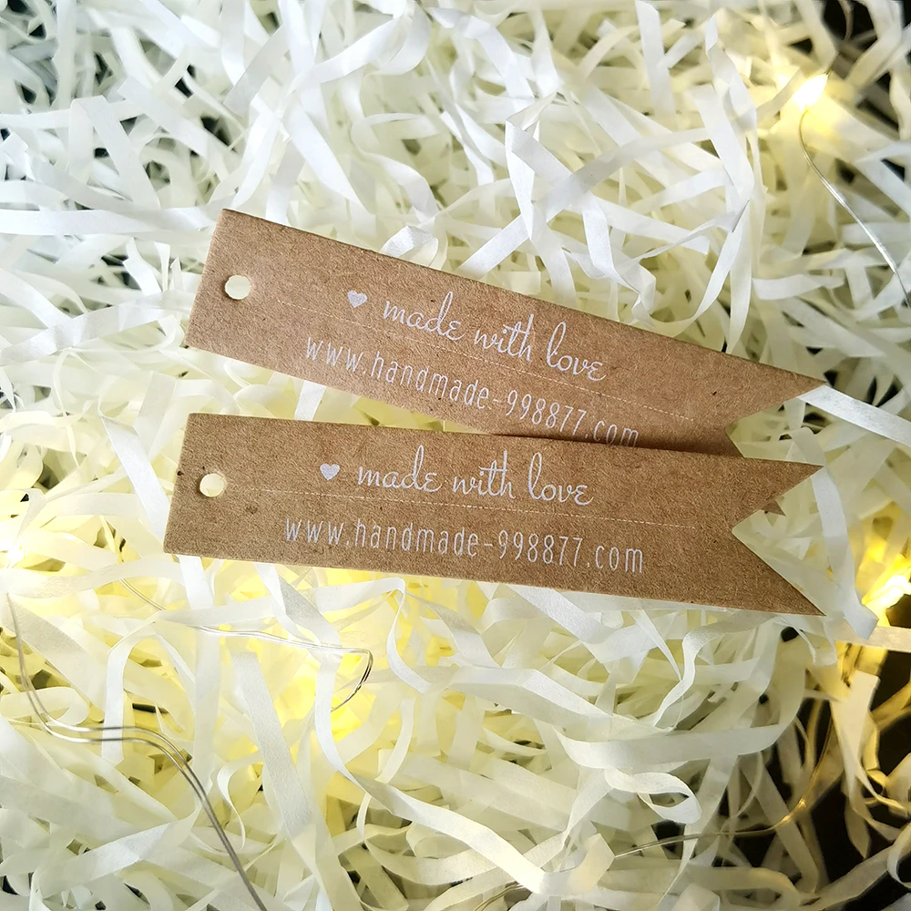 

BT2-100 Pcs 18x80mm Custom Wedding Handmade With Love Customized With Own Logo Size Labels White Letter Printing