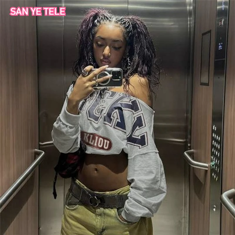 

Letter Print Skew Collar Crop Tops Full Sleeve Women Personality Spring Trend Loose Casual Streetwear Y2K Sexy Cool Mini Tees