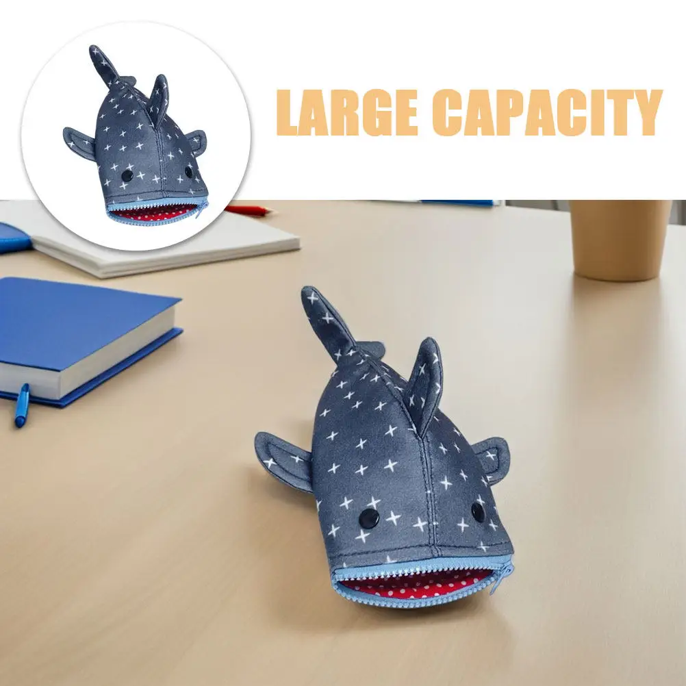 Shark-Shaped Pencil Case with Star Pattern Fun Design Large Capacity Canvas Zipper Pouch for School Office Travel Students