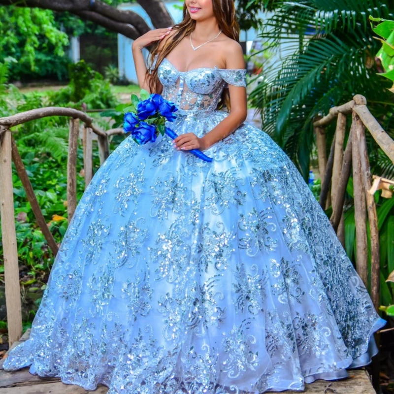 

Sky Blue Shiny Quinceanera Dresses Off The Shoulder Sequin Applique Lace Beading Corset Party Birthday Sweet 16 Dress Vestidos