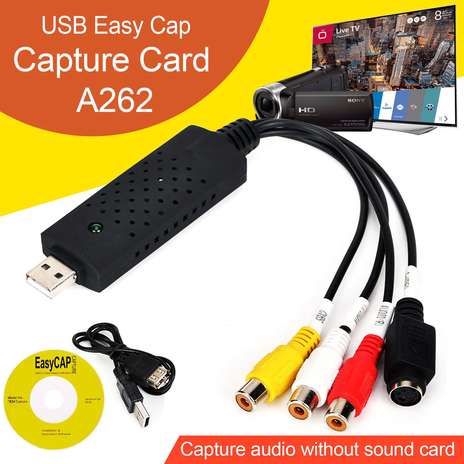 VHS Card adapter Cable Connector 2.0 Tape PC Converter Audio Capture CD Drive S-Video input Resolution High Quality